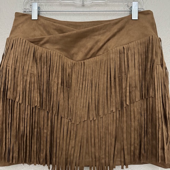 Halara Crossover High Waisted 2-in-1 Fringe Hem Bodycon Mini Skirt Faux Suede L - Picture 3 of 8